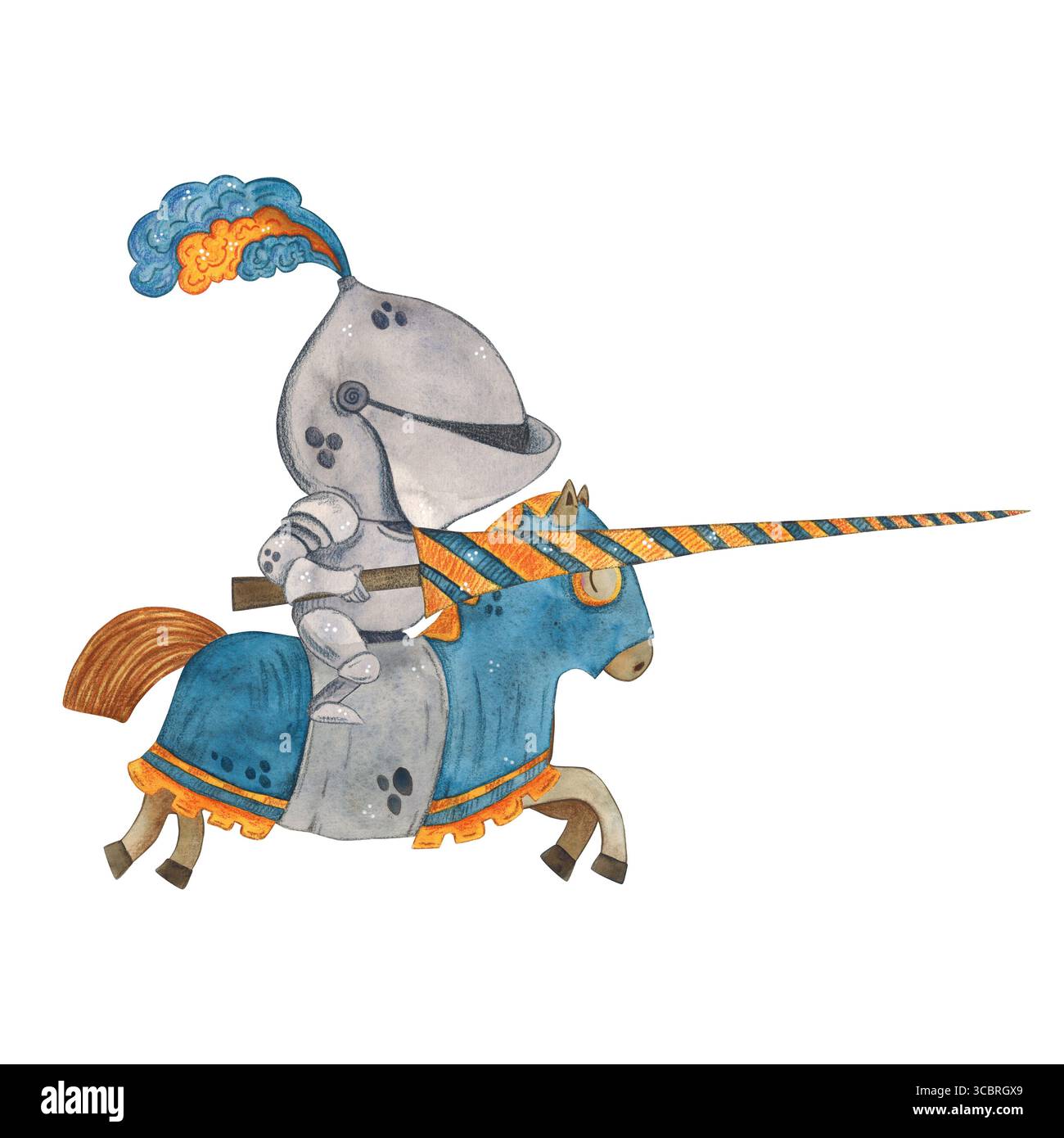 Chevalier en armure chevauchant un cheval dans une couverture avec une lance. Illustration aquarelle dessinée à la main, dessin animé. Dessin pour cartes, autocollants, scrapbooking Banque D'Images