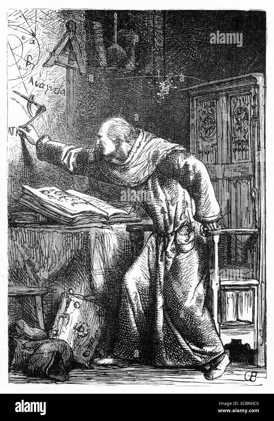 Illustration d'un scribe occupé au travail, tirée d'une première édition française du livre de Victor Hugo le bossage de notre Dame, Banque D'Images