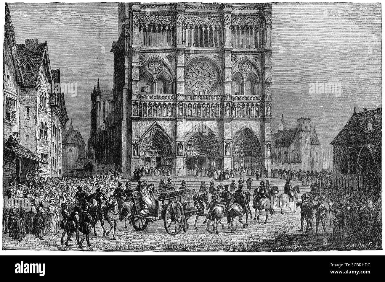 Illustration de foules qui se déplacent autour de la cathédrale notre-Dame tirée d'une première édition française du livre de Victor Hugo le bossage de notre-Dame, Banque D'Images