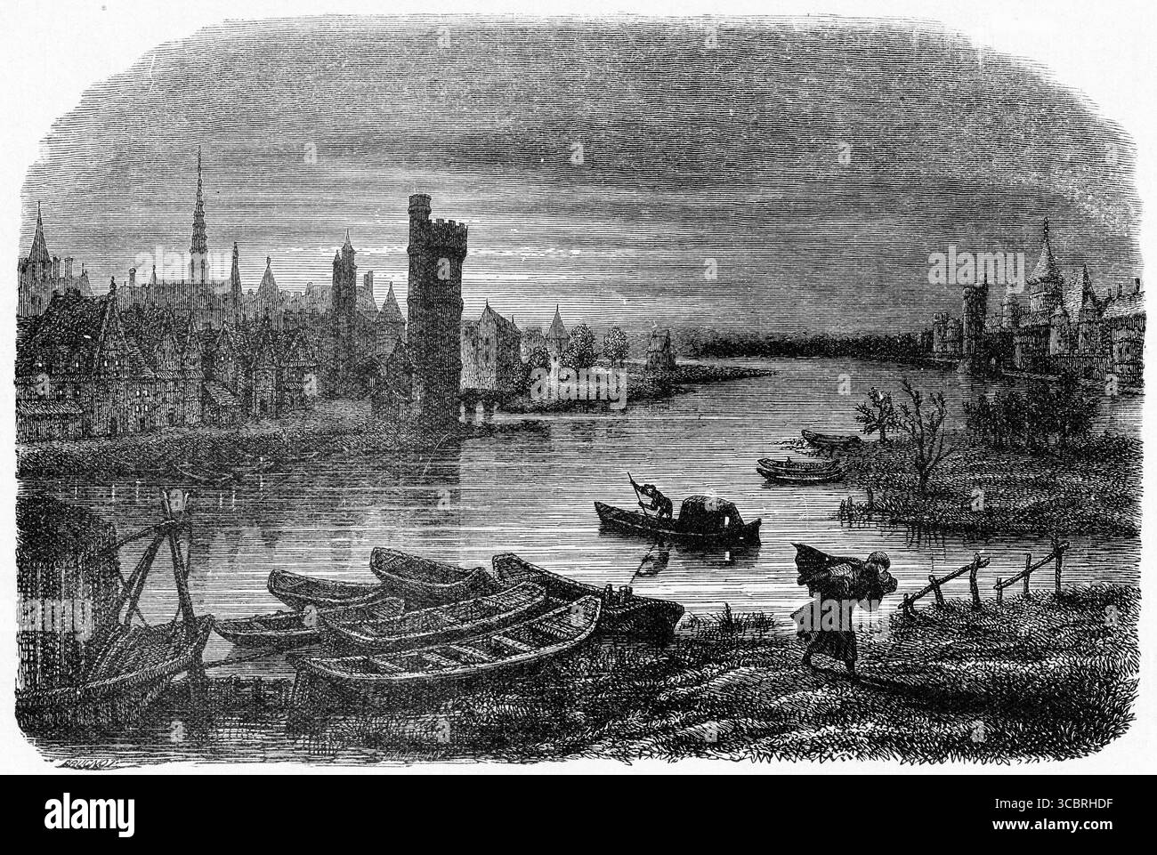 La Seine tirée d'une première édition française du livre de Victor Hugo le bossage de notre Dame, Banque D'Images