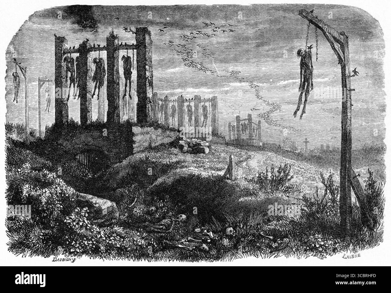 Les morts sont laissés pendants, d'après une première édition française du livre de Victor Hugo le bossage de notre Dame, Banque D'Images