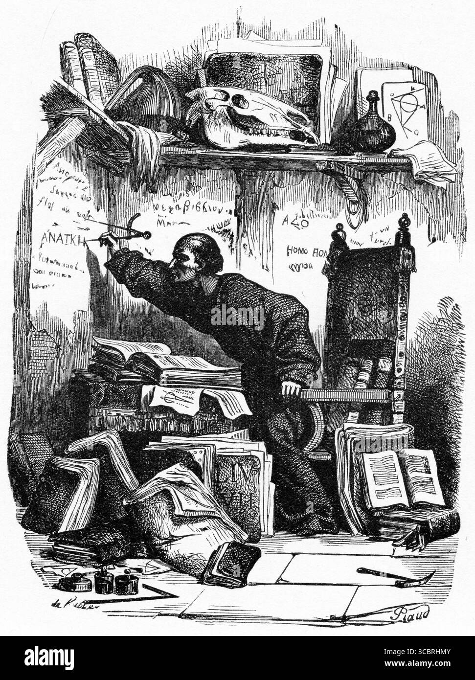 Illustration d'un scribe occupé au travail, tirée d'une première édition française du livre de Victor Hugo le bossage de notre Dame, Banque D'Images