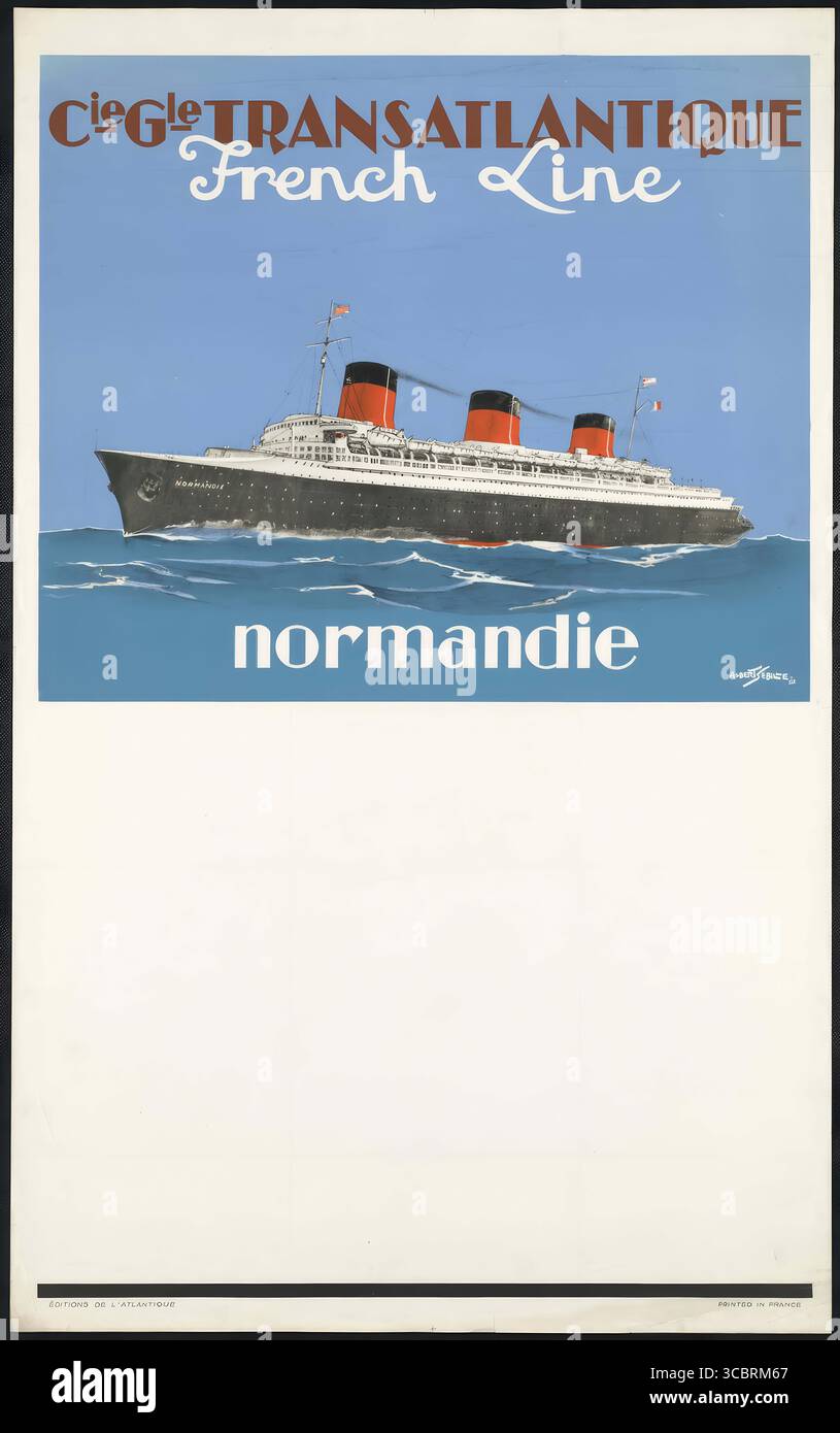 Une superbe affiche de voyage vintage pour la traversée transatlantique sur la SS Normandie Banque D'Images