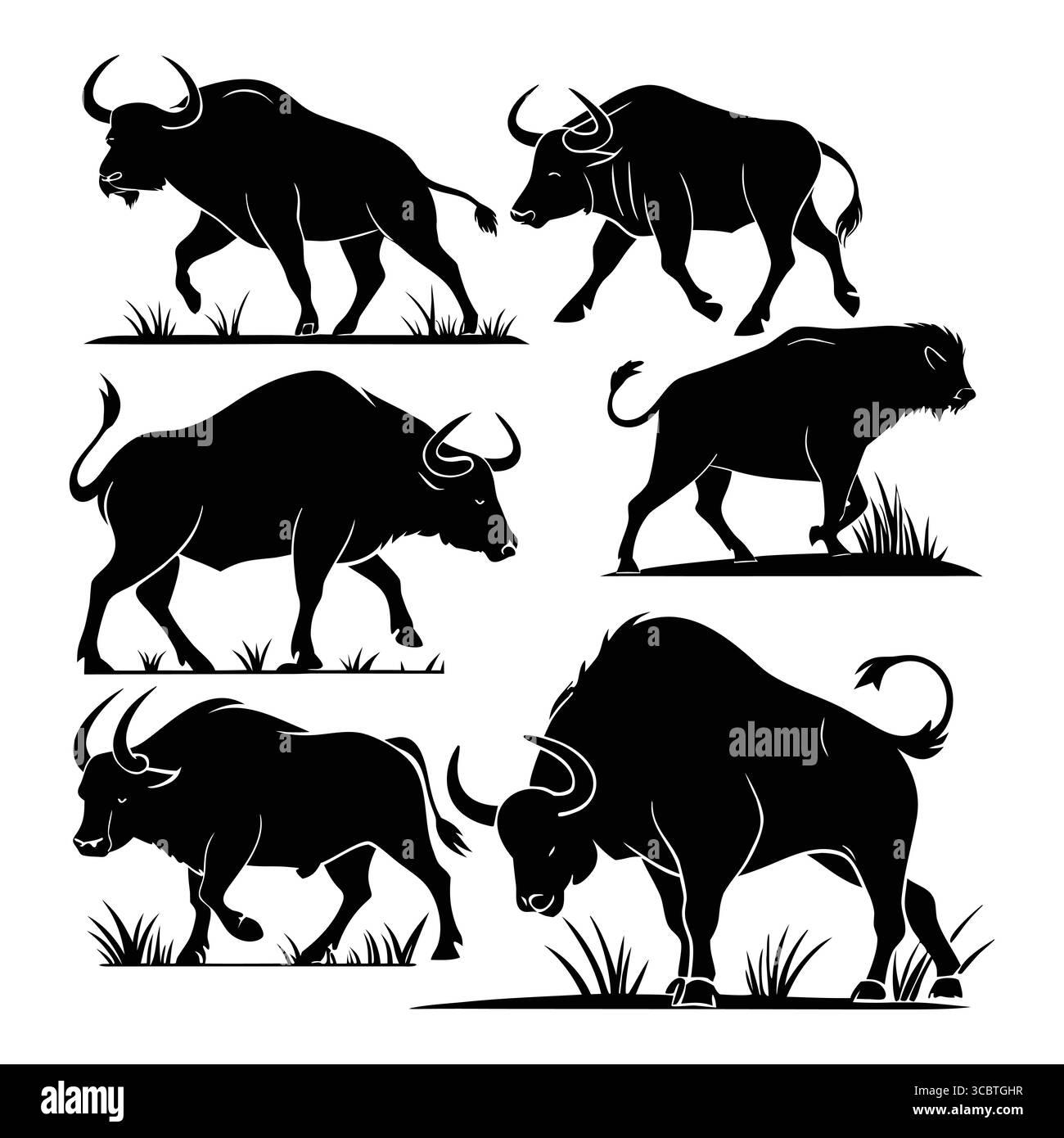 Silhouettes d'aurochs, diverses figures de buffles et de bétail dans Grassy Landscape Illustration de Vecteur Silhouettes d'aurochs, diverses figures de buffles et de bétail dans Grassy Landscape Illustration de Vecteur