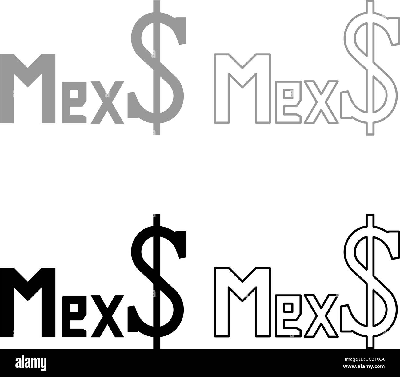 Mexique peso devise MXN mexicain pesos dollar argent set icône gris noir couleur illustration vectorielle image simple plein contour ligne mince Illustration de Vecteur