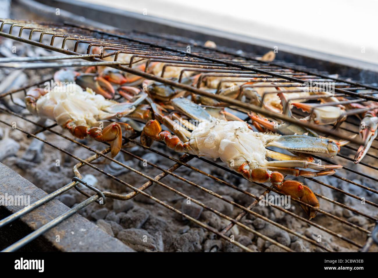 Crabes bleus crus grillant sur du charbon de bois lors d'un barbecue en bord de mer Banque D'Images
