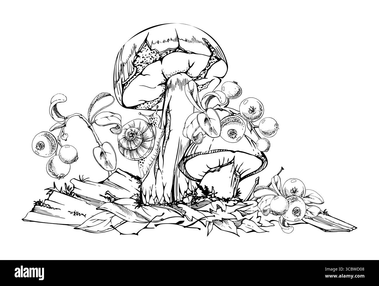 Suillus mélèze bolete champignons de jack glissants avec escargot, branches de canneberge et d'airelle sur le dessus des feuilles d'automne empilées avec des brindilles, écosystème boisé Illustration de Vecteur