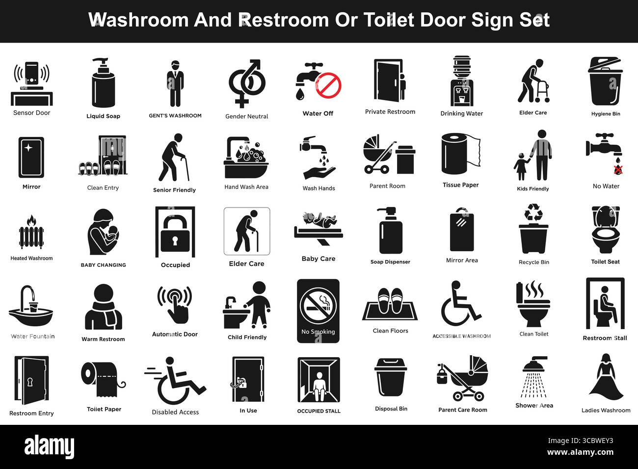 Panneaux de toilettes solides noirs icône toilettes, toilettes, Gents, dames, handicapés, interdiction de fumer, toilettes propres, douche, lavage des mains Illustration de Vecteur