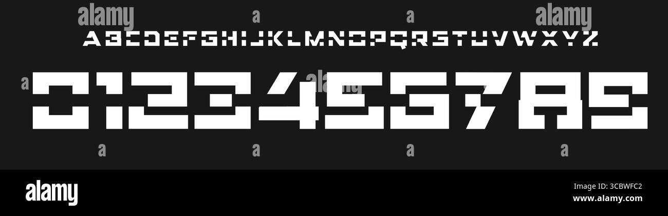 Police géométrique futuriste, alphabet quadrillé, police techno coupe audacieuse, numéros de logo science-fiction, numérique de style cyber UI, visuels HUD numériques Illustration de Vecteur