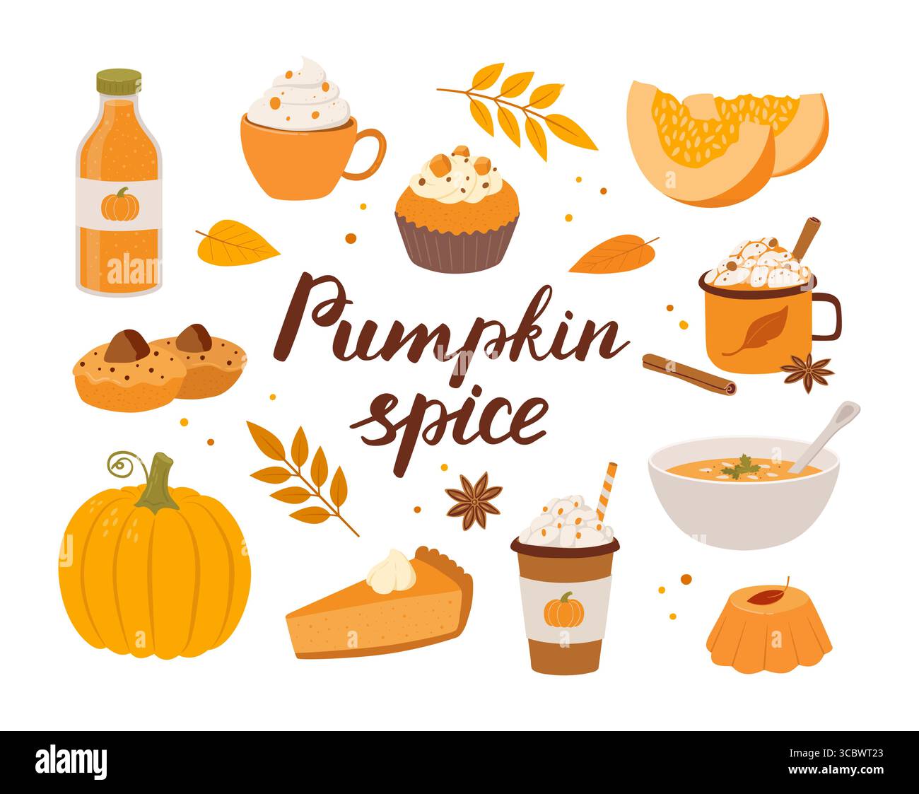 Ensemble de produits saisonniers aromatisés à la citrouille épices, café, latte, gâteau, soupe, smoothie. Nourriture et boissons d'automne isolées sur fond blanc. Collection Illustration de Vecteur