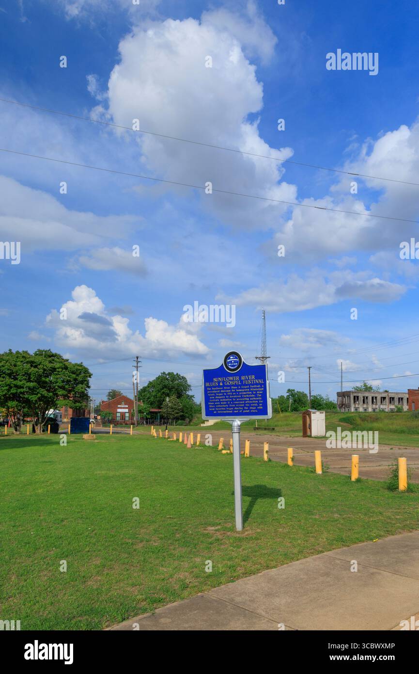 Sunflower River Blues & Gospel Festival marqueur historique, Clarksdale, Mississippi, États-Unis Banque D'Images