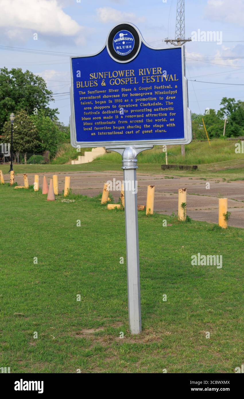 Sunflower River Blues & Gospel Festival marqueur historique, Clarksdale, Mississippi, États-Unis Banque D'Images