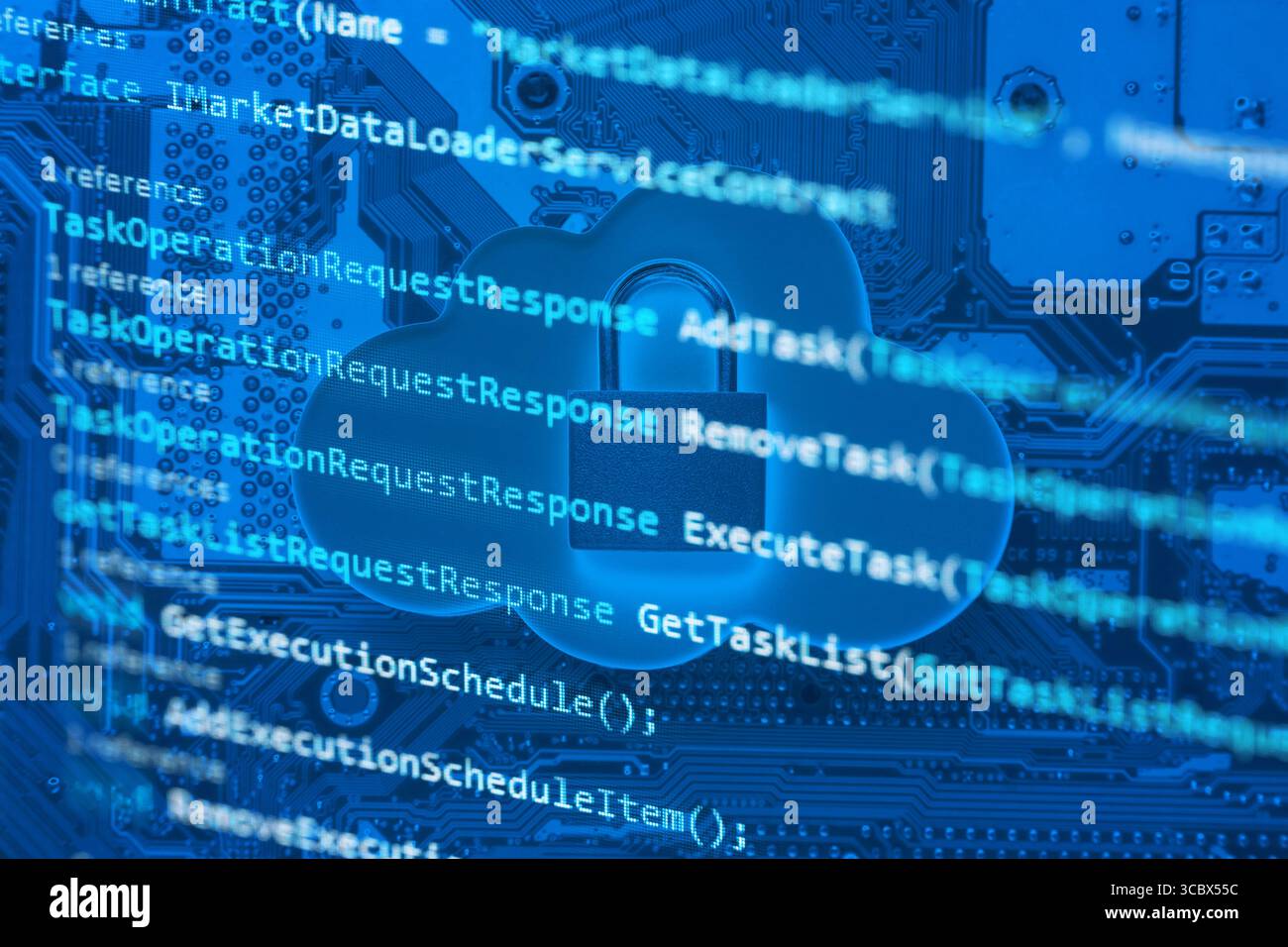 Cadenas sur le nuage et la carte mère de l'ordinateur avec le texte de script de langage de programmateur de codage. Confidentialité des données Internet informations sécurité cloud computing conc Banque D'Images