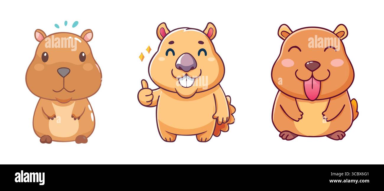 Cute Cartoon Capybara expressions avec Thumbs Up et Happy faces Illustration de Vecteur