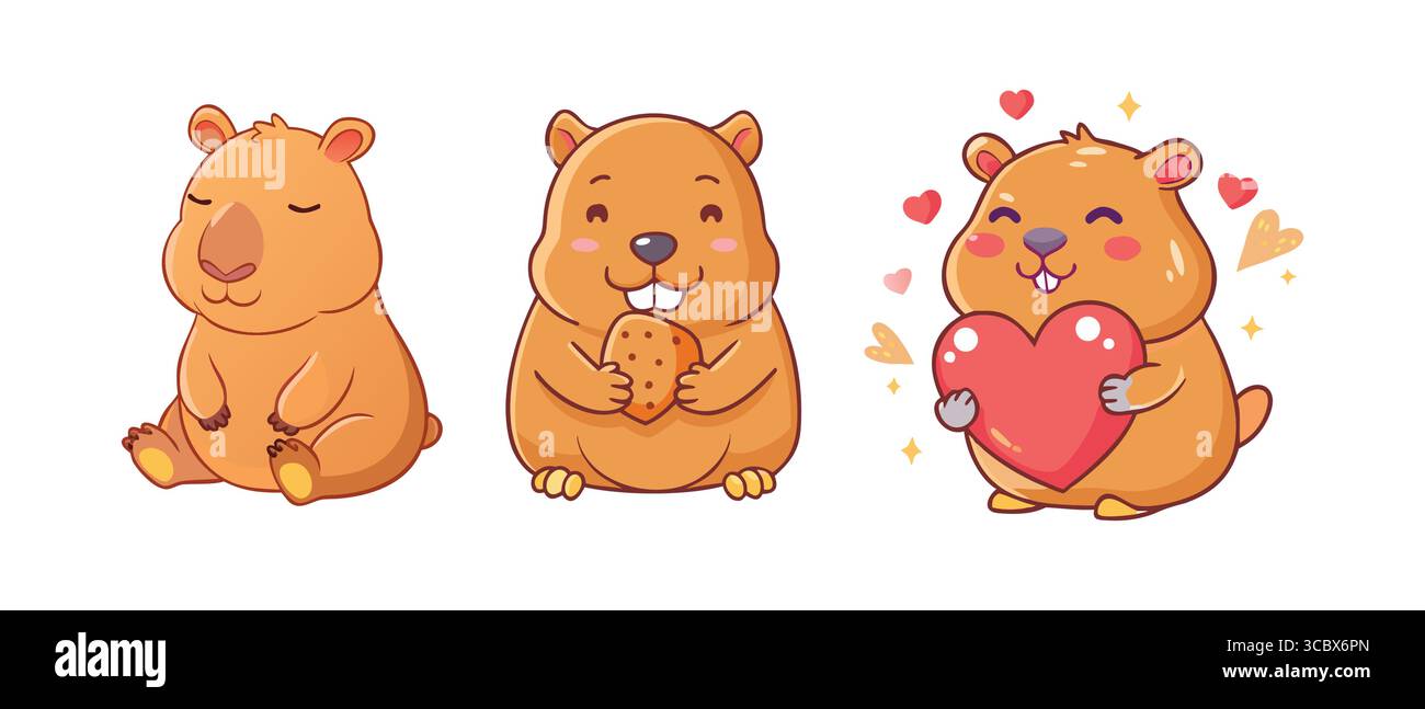 Mignon Cartoon Capybara avec amour, Cookie et expressions heureuses Illustration de Vecteur