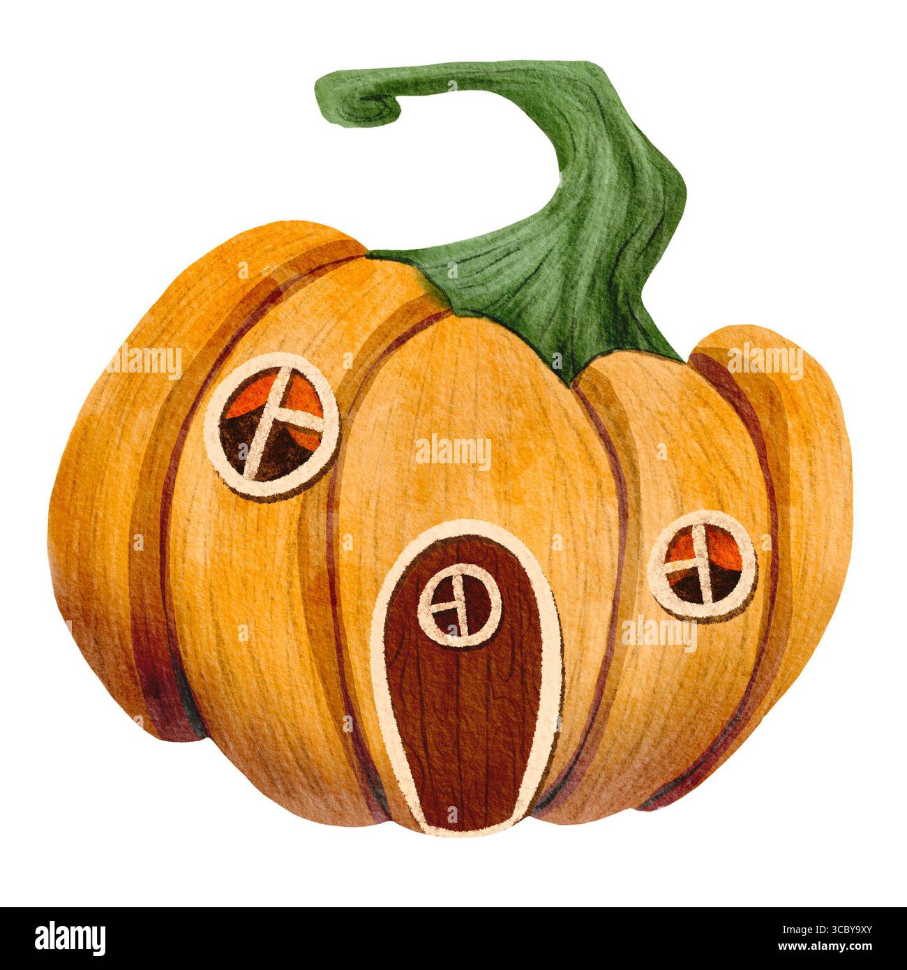 Jolie maison de citrouille orange fée. Illustration d'aquarelle dessinée à la main pour les cartes, découpage, scrapbooking. Banque D'Images