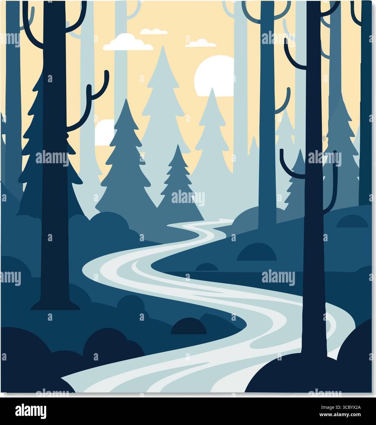 Scène paisible de la rivière de la forêt. Cette illustration vectorielle minimaliste capture une forêt tranquille avec une voie navigable sinueuse, évoquant la paix et un sens du jour Illustration de Vecteur