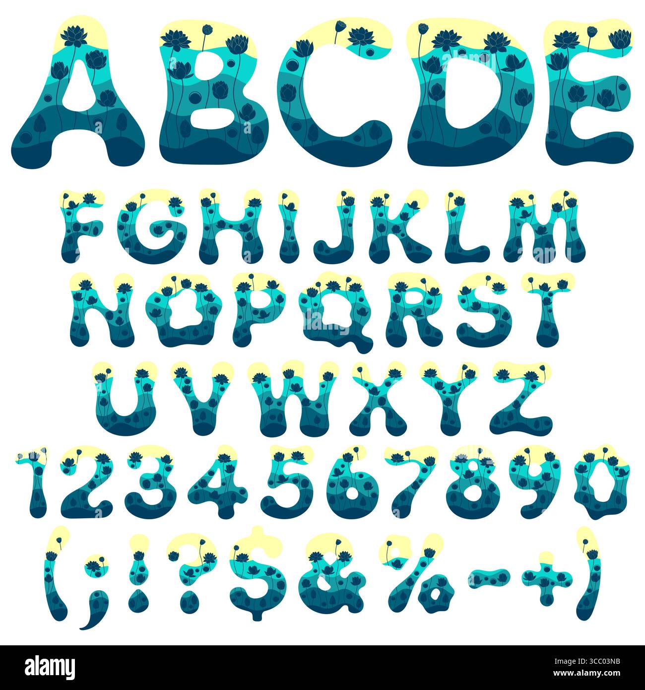 Police, alphabet, lettre, nombre avec nénuphar, lotus dans l'eau. Objets vectoriels isolés sur fond blanc. Illustration de Vecteur
