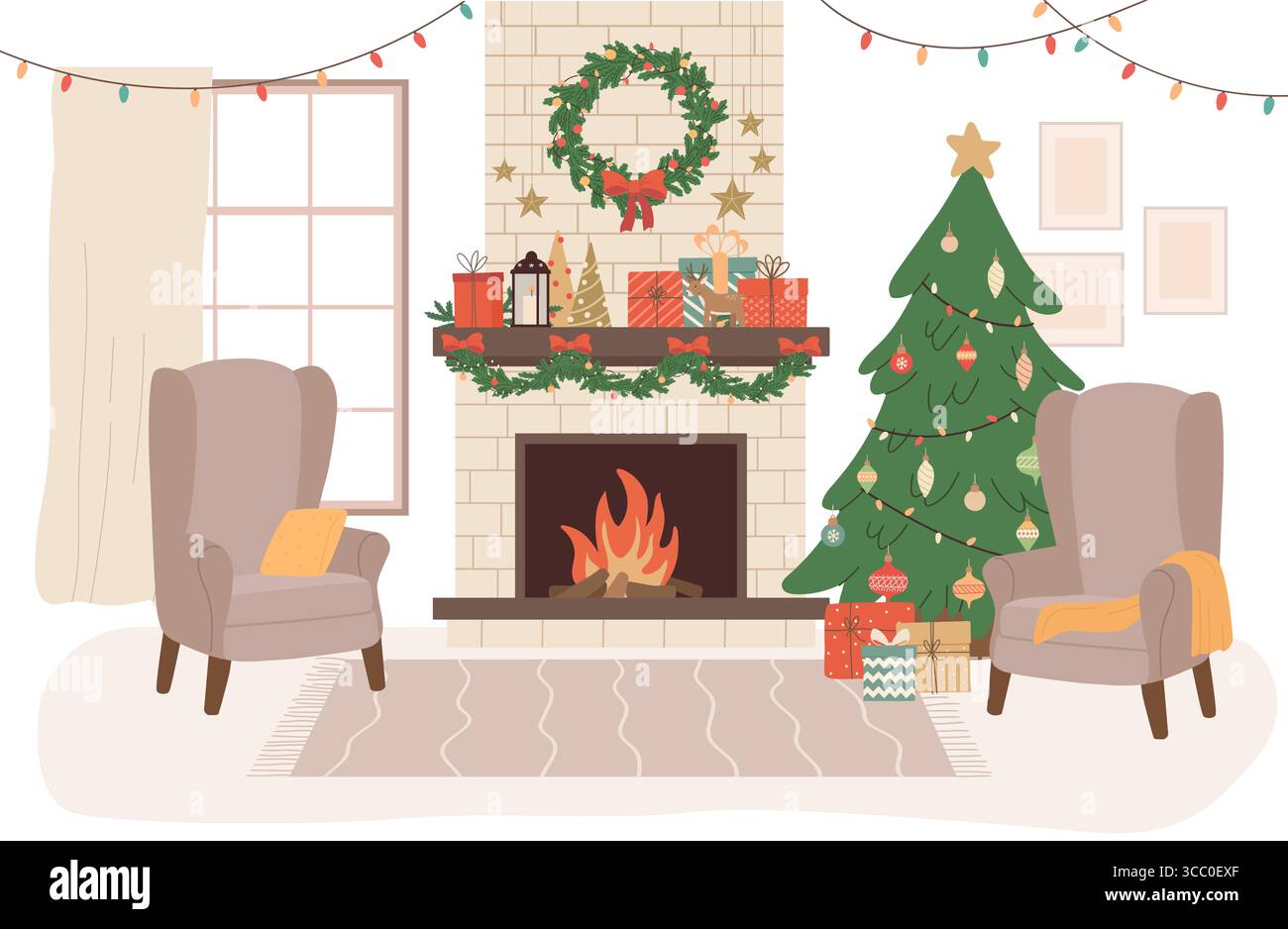 Salon confortable décoré pour Noël et nouvel an. Intérieur de vacances d'hiver avec arbre de Noël, cheminée, fauteuils, cadeaux, guirlande. Vecteur plat Illustration de Vecteur