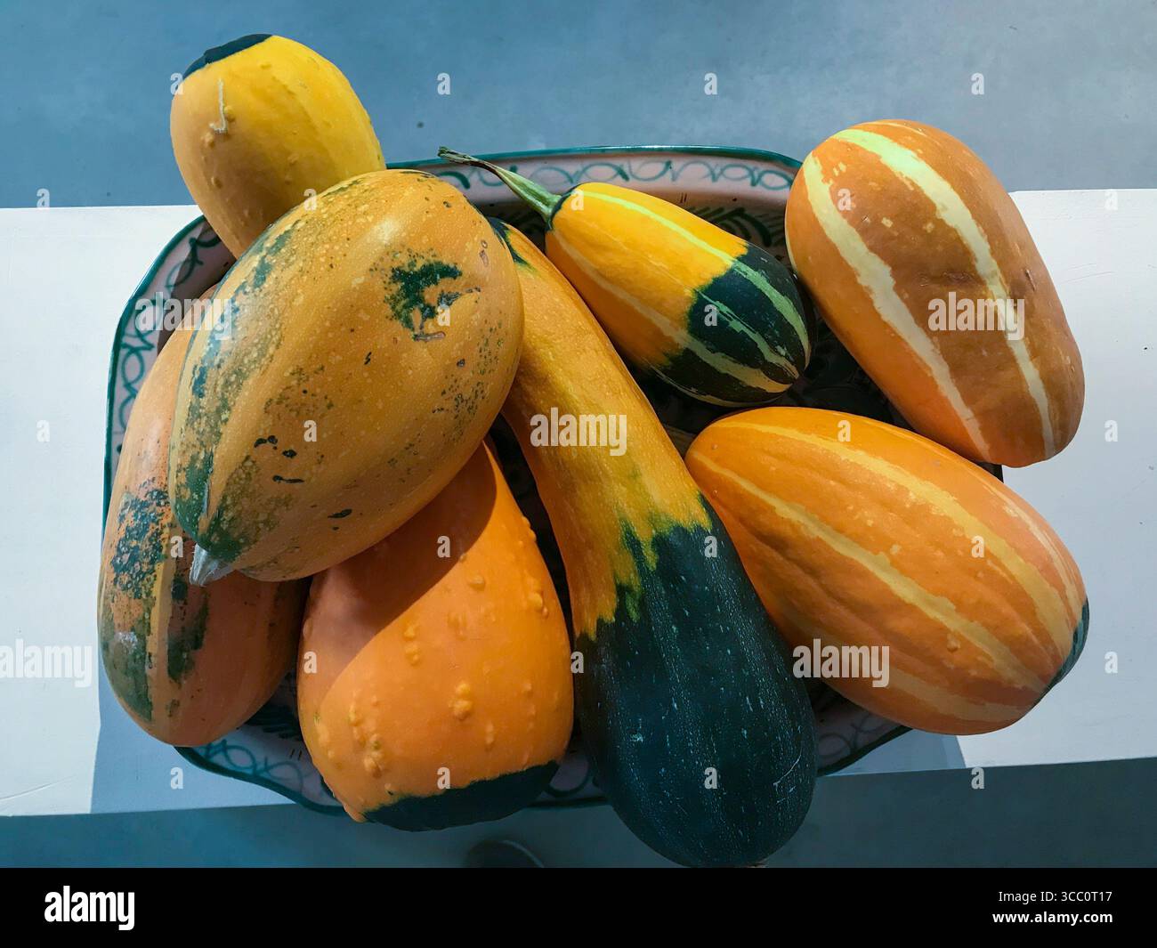 bol de fruits en céramique avec des citrouilles décoratives de différentes formes et tailles Banque D'Images