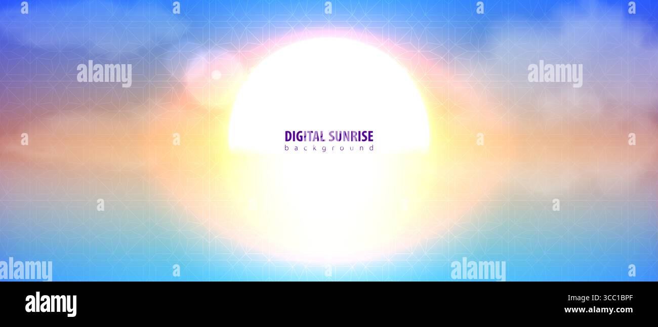 Fond moderne Sunrise tech. Paysage de nuages de soleil lumineux. Motif géométrique de couleur ciel du matin effet de lumière rétro. Lumière du soleil abstraite horizontale Illustration de Vecteur