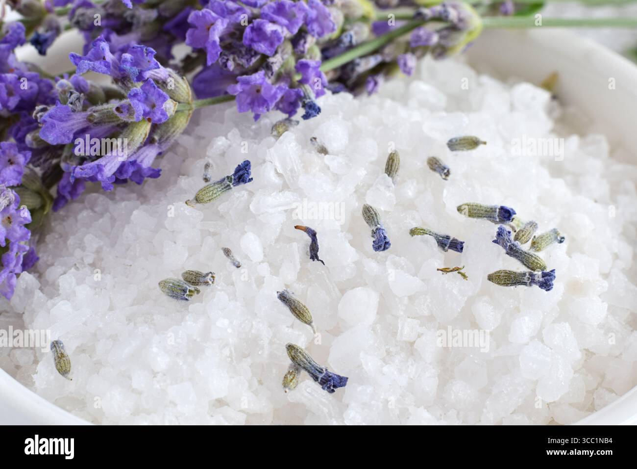 Gros plan sels de bain infusés avec des fleurs de lavande séchées Banque D'Images