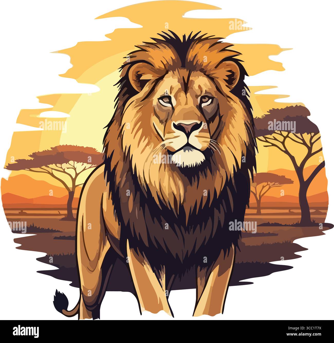 Coucher de soleil majestueux Lion African Savanna. Un puissant félin royal se dresse au milieu des prairies dorées. Cette illustration vectorielle dynamique capture l'essence de Illustration de Vecteur