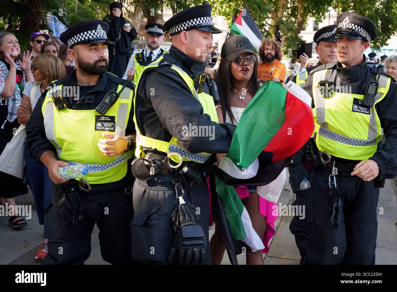 Un militant est arrêté sur la place du Parlement par des policiers pendant la manifestation pour manifester son soutien au groupe Palestine action qui est maintenant interdit par les lois anti-terroristes en tant qu'organisation interdite, par la ministre de l'intérieur Yvette Cooper, le 9 août 2025 à Londres en Angleterre. Les manifestants ont défilé de Holborn à la place du Parlement où 365 personnes ont été arrêtées, une semaine après que Huda Ammori, co-fondatrice de Palestine action, ait remporté un appel à la haute Cour contre l’interdiction du groupe. Les commissaires de police et le pouvoir judiciaire ont averti que davantage d'arrestations massives pousseraient les ressources juridiques à la limite. Banque D'Images