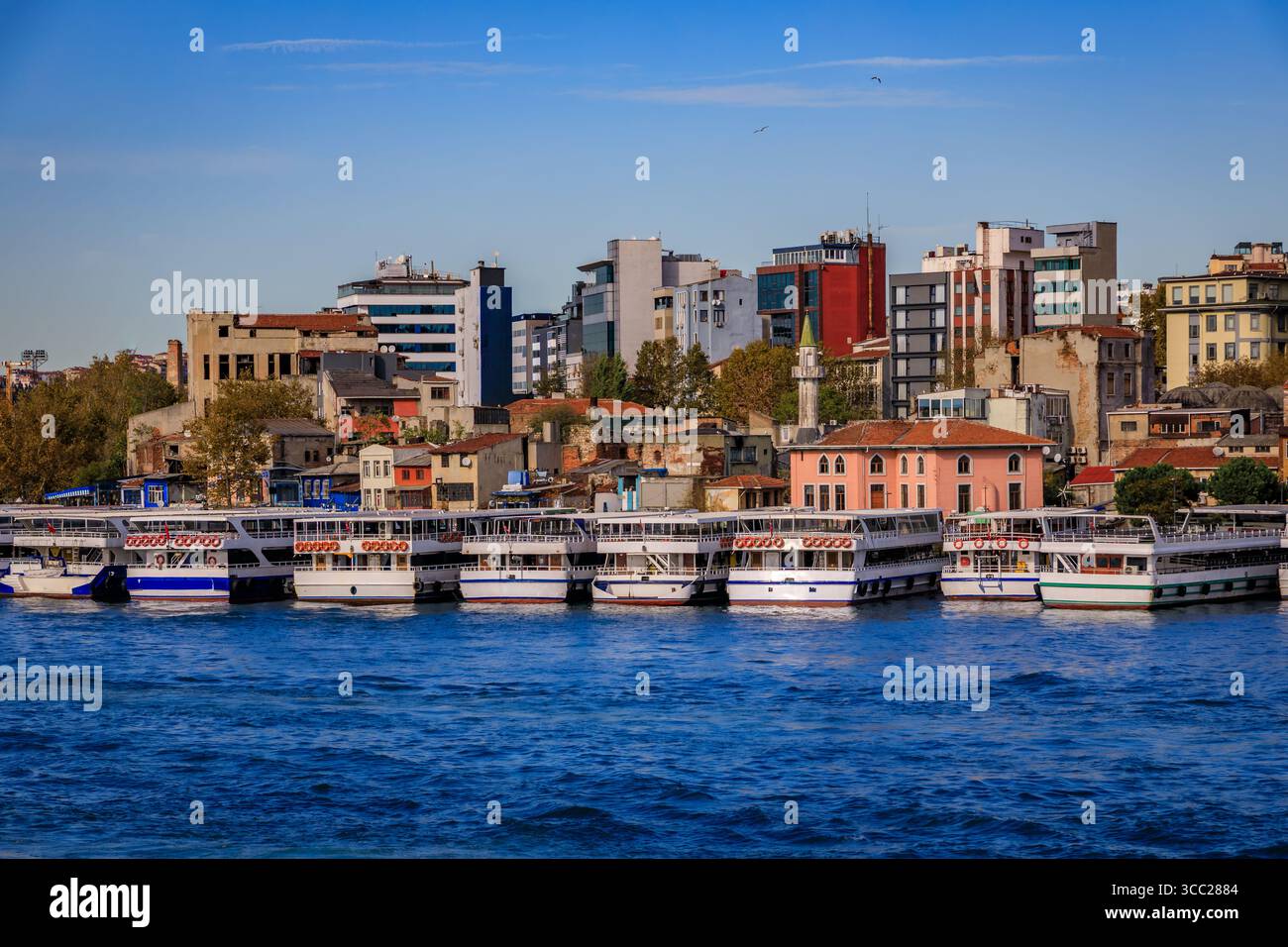 Vue panoramique sur le détroit du Bosphore et les ferries sur l'eau à Karakoy, horizon de la ville près du pont de Galata à Istanbul, Turquie Banque D'Images