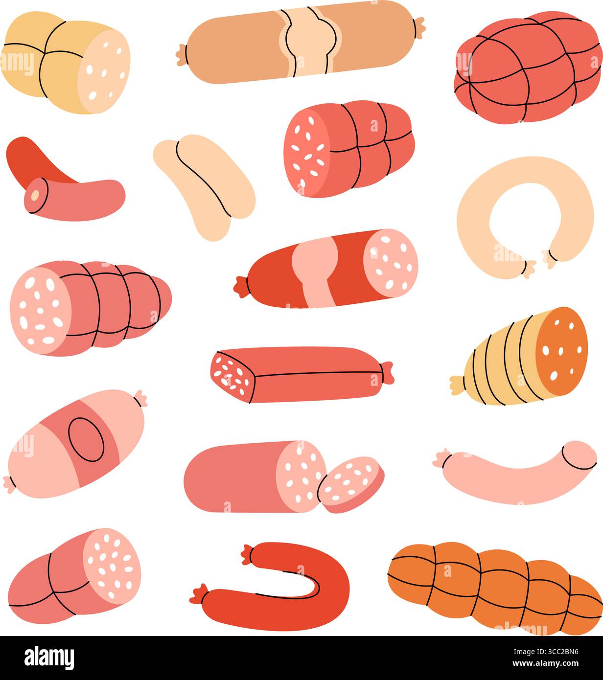 Saucisses fraîches. Saucisses. Modèle de conception de menu de boucherie pour le marché alimentaire, le commerce électronique, la promotion des produits. Illustration vectorielle. Illustration de Vecteur