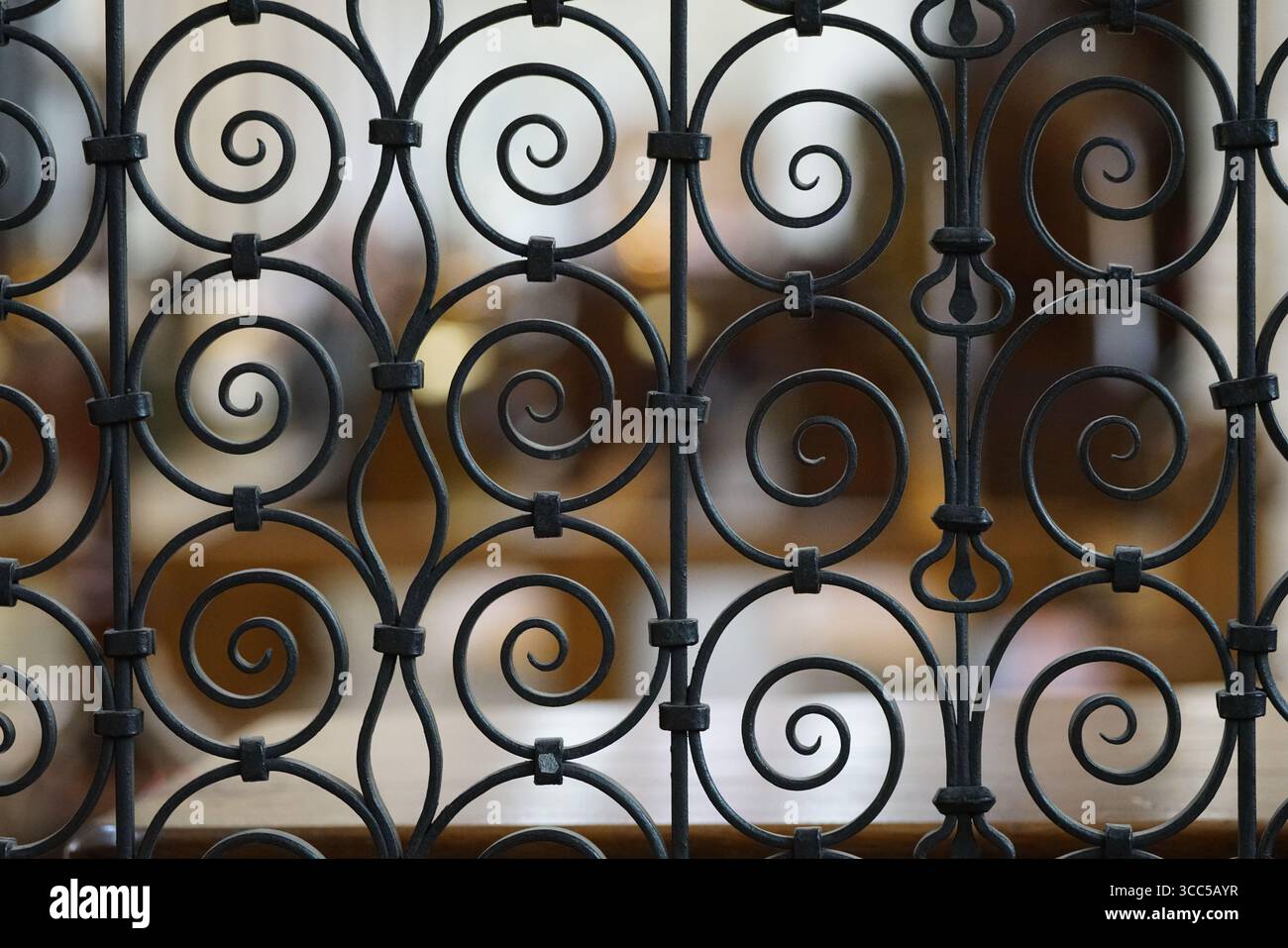 Grille en fer noir ornée avec motif curling en intérieur. Salisbury, Angleterre Banque D'Images