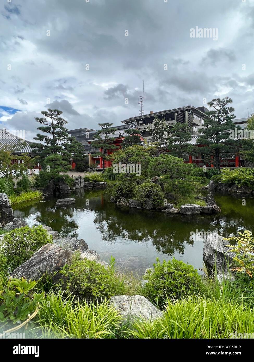 Jardin japonais traditionnel avec un étang, des rochers et des arbres bien entretenus à Kyoto, Japon, sous un ciel nuageux. Banque D'Images