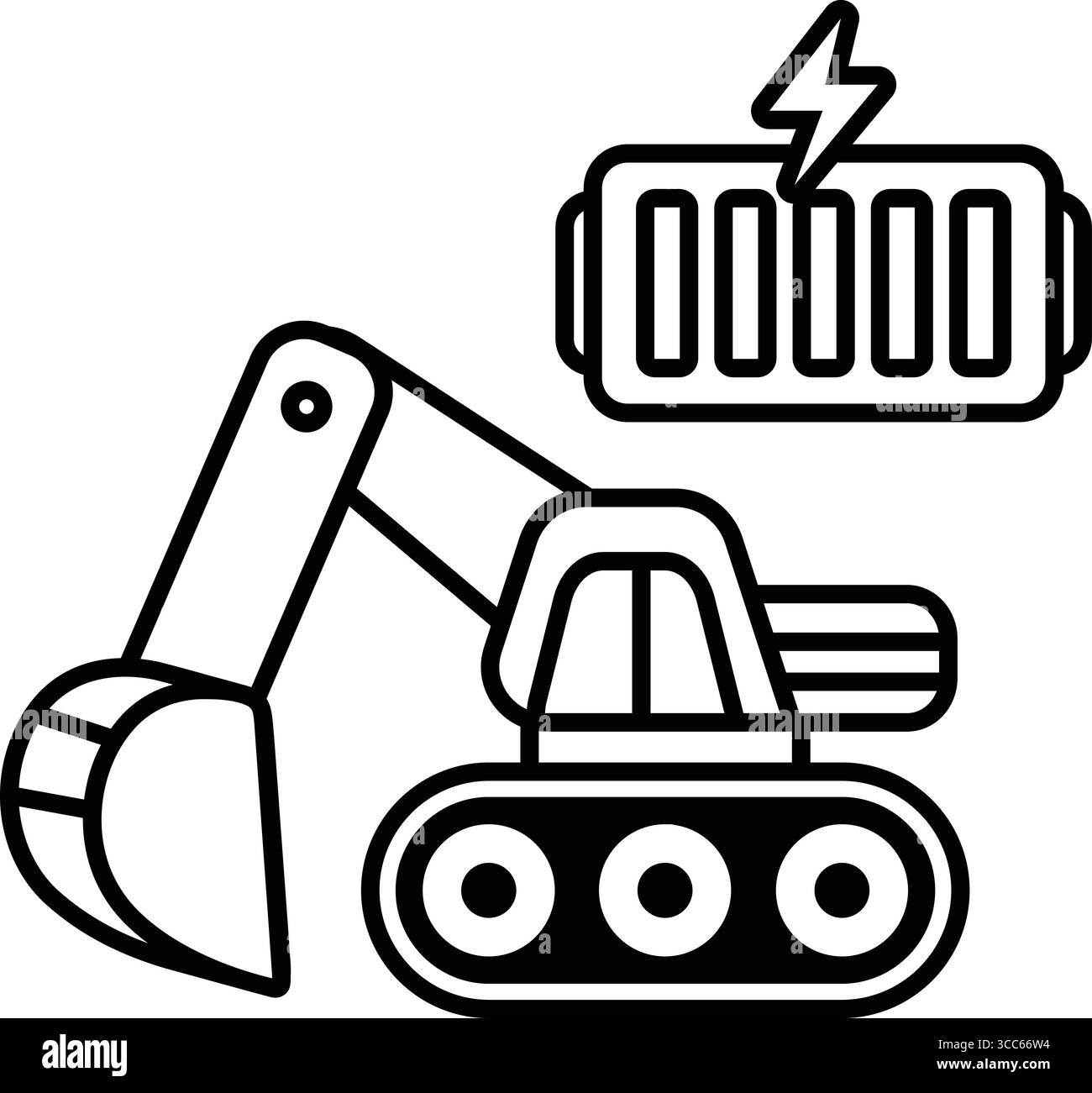 Dessin en noir et blanc d'un grand véhicule de chantier avec une batterie sur le côté. La batterie est pleine, ce qui indique que le véhicule l'est Illustration de Vecteur
