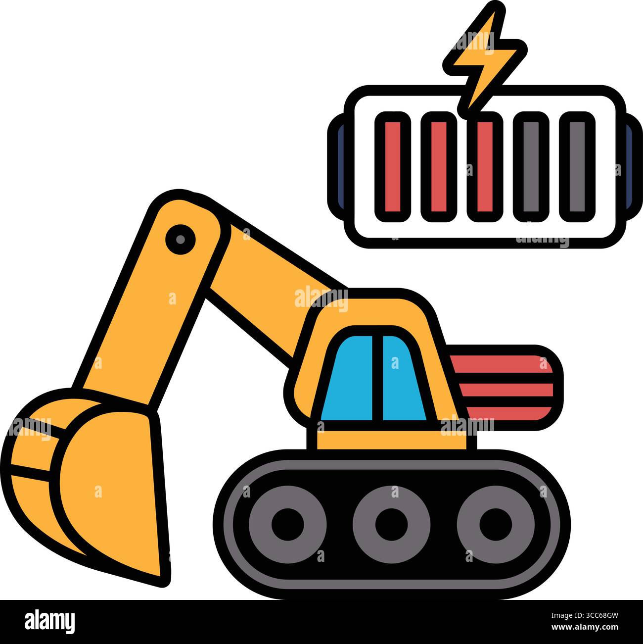 Dessin en noir et blanc d'un grand véhicule de chantier avec une batterie sur le côté. La batterie est pleine, ce qui indique que le véhicule l'est Illustration de Vecteur