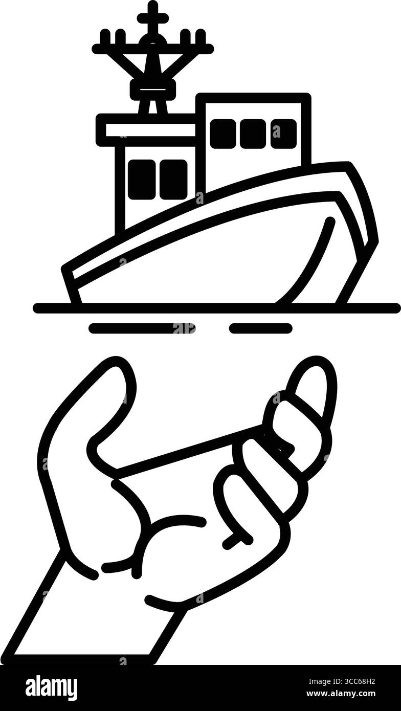 Une main tend la main vers un navire qui est dans l'eau. Le navire est grand et il est en détresse. La main tendue symbolise l'espoir et l'aide, Illustration de Vecteur