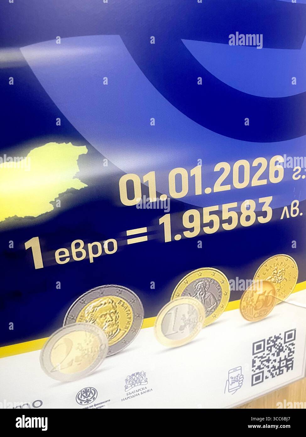 Bulgarie adoptant la monnaie Euro, affiche émise par evroto.bg comme site officiel pour informer les citoyens bulgares des changements dus le 1er janvier 2026. Euro à BGN leva devise affiche de taux de change officiel, adoption de l'euro Bulgarie, adhésion à la zone euro, BGN lev à Euro taux de conversion fixe Banque D'Images