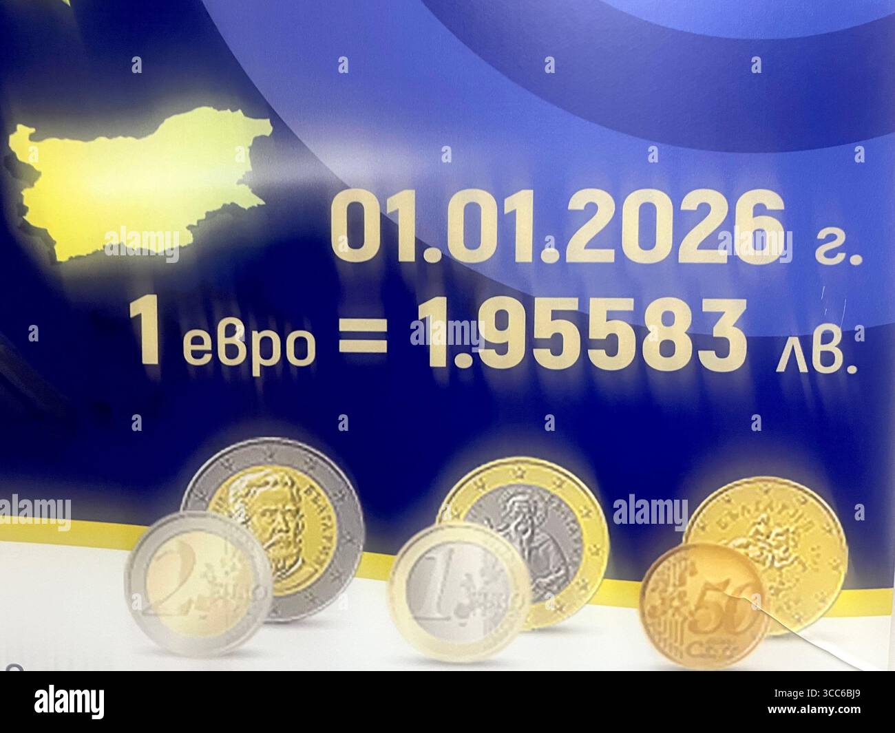 Bulgarie adoptant la monnaie Euro, affiche émise par evroto.bg comme site officiel pour informer les citoyens bulgares des changements dus le 1er janvier 2026. Euro à BGN leva devise affiche de taux de change officiel, adoption de l'euro Bulgarie, adhésion à la zone euro, BGN lev à Euro taux de conversion fixe Banque D'Images