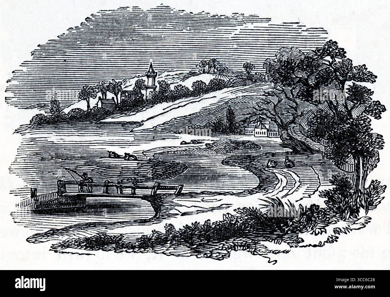 Une campagne tranquille se déploie dans cette illustration en noir et blanc : une figure solitaire pêche sur un pont de pierre, tandis qu'une rivière sinueuse serpente à travers les arbres et les pâturages ouverts. Des animaux de pâturage parsèment les berges, et une église avec un clocher s'élève sur une colline lointaine. La scène évoque l’harmonie pastorale et la réflexion tranquille. D'après une sélection de gravures imprimées sur cuivre et sur bois publiées par Henry Kent Causton en 1851 dans le cadre du livre d'Izaak Walton et Charles Cotton, The Compleat Angler. Banque D'Images