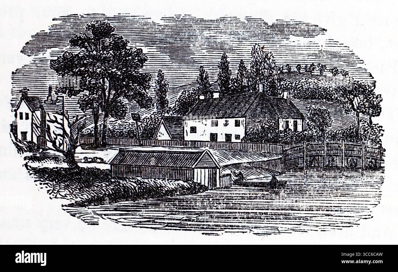 Illustration tranquille en noir et blanc d'un village rural riverain, peut-être Waltham. Deux maisons proéminentes nichées au milieu d'arbres denses, tandis qu'un hangar à bateaux en bois et un bateau amarré occupent le premier plan. L'eau reflète les environs tranquilles, et une colline douce s'élève au loin. La composition évoque la sérénité pastorale, la vie domestique et l’harmonie naturelle. D'après une sélection de gravures imprimées sur cuivre et sur bois publiées par Henry Kent Causton en 1851 dans le cadre du livre d'Izaak Walton et Charles Cotton, The Compleat Angler. Banque D'Images Illustration tranquille en noir et blanc d'un village rural riverain, peut-être Waltham. Deux maisons proéminentes nichées au milieu d'arbres denses, tandis qu'un hangar à bateaux en bois et un bateau amarré occupent le premier plan. L'eau reflète les environs tranquilles, et une colline douce s'élève au loin. La composition évoque la sérénité pastorale, la vie domestique et l’harmonie naturelle. D'après une sélection de gravures imprimées sur cuivre et sur bois publiées par Henry Kent Causton en 1851 dans le cadre du livre d'Izaak Walton et Charles Cotton, The Compleat Angler. Banque D'Images
