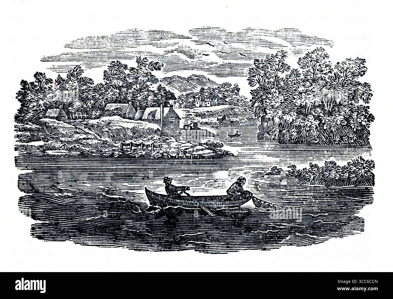 Une illustration tranquille en noir et blanc de deux personnages pagayant un canoë le long d'une rivière calme. Une végétation luxuriante – arbres, buissons et herbes – encadre la voie navigable, tandis que plusieurs maisons avec cheminées se nichent en arrière-plan. Les collines ondoyantes et les montagnes lointaines ajoutent de la profondeur, et un ciel rempli de nuages complète l'atmosphère rurale paisible. La composition évoque le mouvement tranquille, l’harmonie pastorale et le rythme doux de la présence humaine dans la nature. D'après une sélection de gravures imprimées sur cuivre et sur bois publiées par Henry Kent Causton en 1851 dans le cadre du livre d'Izaak Walton et Charles Cotton, The Compleat Angler. Banque D'Images