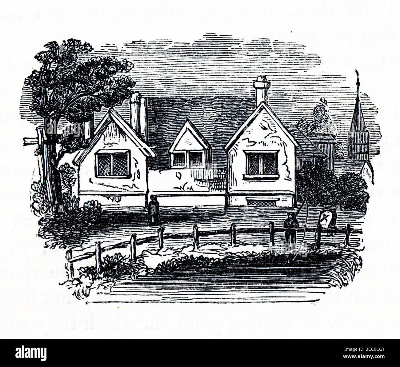 Gravure détaillée d'une maison à pignon avec cheminée et jardin clôturé, flanquée d'arbres matures. Deux personnages – un près de la clôture, l’autre près de la maison – suggèrent une activité domestique ou d’observation. Un clocher d'église s'élève en arrière-plan. La scène évoque la vie rurale anglaise, faisant écho au ton contemplatif du Compleat Angler. D'après une sélection de gravures imprimées sur cuivre et sur bois publiées par Henry Kent Causton en 1851 dans le cadre du livre d'Izaak Walton et Charles Cotton, The Compleat Angler. Banque D'Images