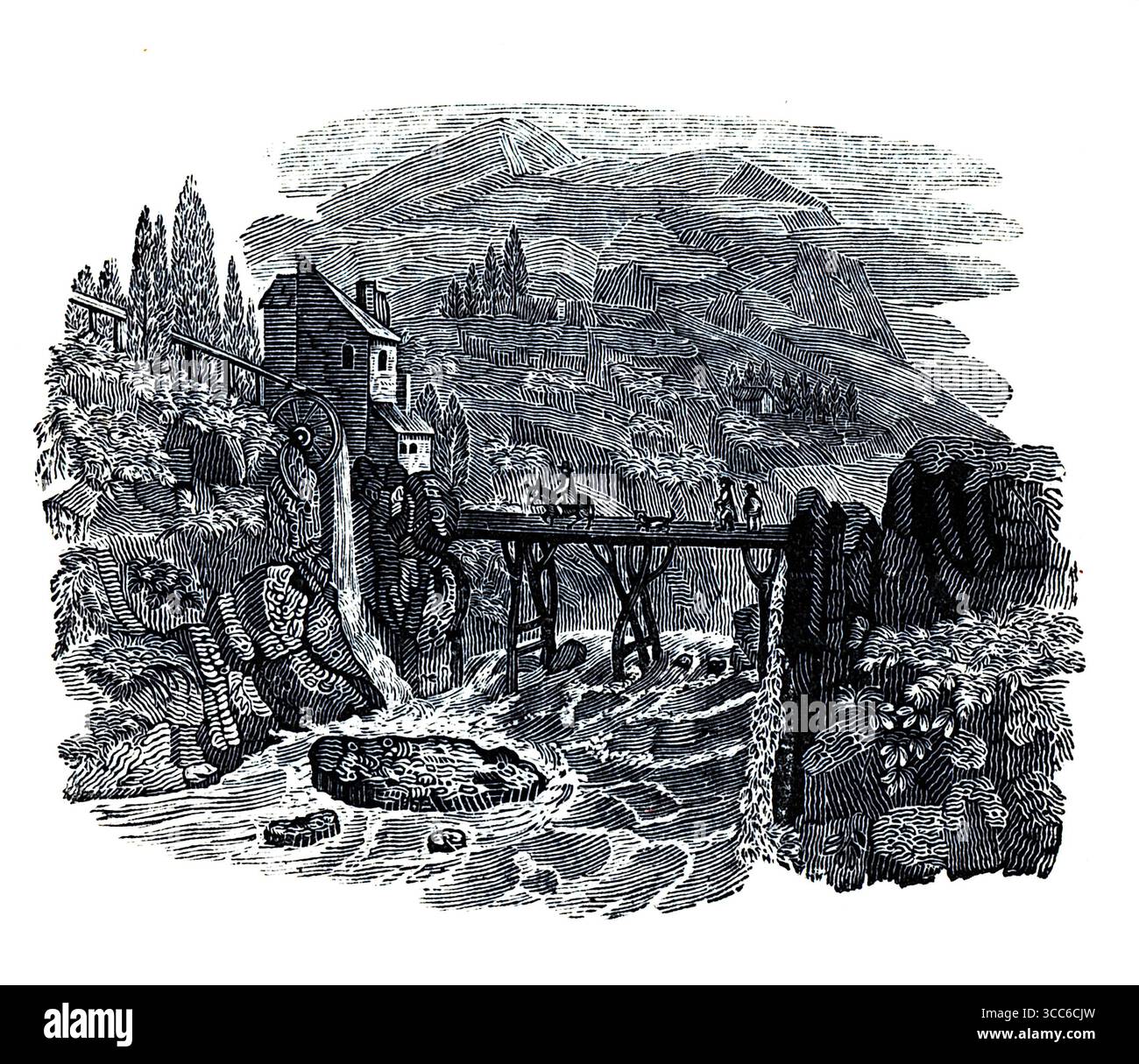 Scène de rivière gravée dans les hautes terres avec un pont de pierre enjambant des eaux turbulentes, flanqué de falaises abruptes et de pentes boisées. Une maison se perche sur un éperon rocheux, et des personnages traversent le pont sous un ciel spectaculaire. Le cadre évoque la colombe près de Beresford Dale, sacrée pour les pêcheurs et immortalisée par Piscator dans le Compleat Angler. D'après une sélection de gravures imprimées sur cuivre et sur bois publiées par Henry Kent Causton en 1851 dans le cadre du livre d'Izaak Walton et Charles Cotton, The Compleat Angler. Banque D'Images