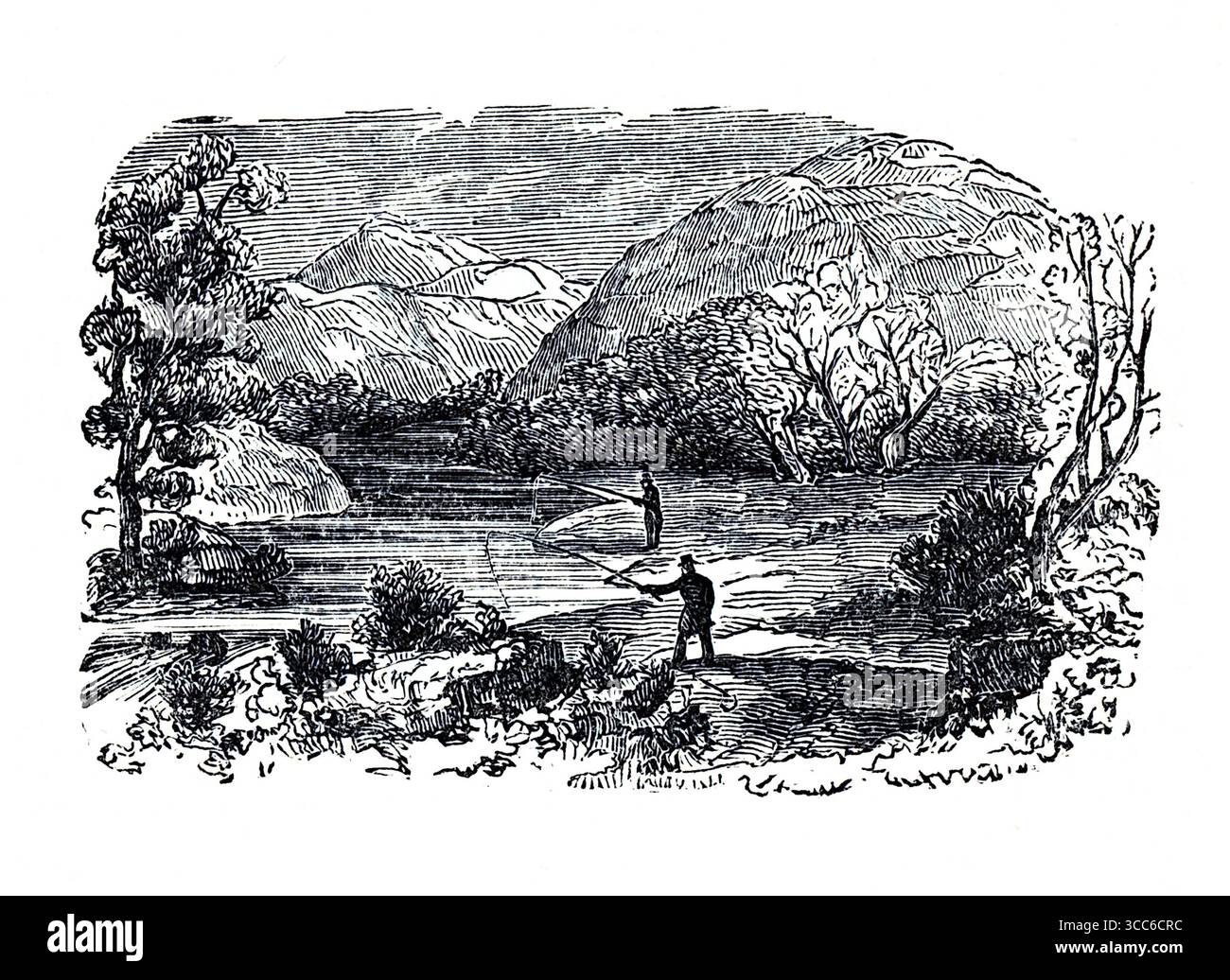 Pike Pool, nommé d'après le calcaire « brochet » qui s'élève de la Dove, se trouve près de Cotton's Fishing House et de Beresford Hall. Dans le Compleat Angler, ce tronçon de rivière symbolise les loisirs réfléchis et la révérence écologique. Les deux figures suggèrent la compagnie dans la solitude - un thème central dans les dialogues de pêche de Walton et Cotton. D'après une sélection de gravures imprimées sur cuivre et sur bois publiées par Henry Kent Causton en 1851 dans le cadre du livre d'Izaak Walton et Charles Cotton, The Compleat Angler. Banque D'Images