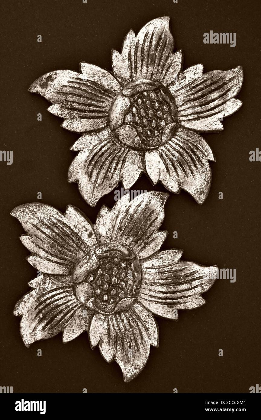 Image sépia graphique de deux fleurs en bois sculptées antiques Banque D'Images Image sépia graphique de deux fleurs en bois sculptées antiques Banque D'Images