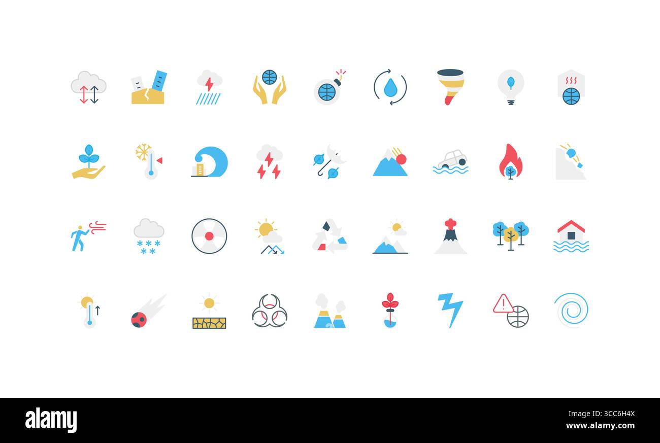 Ensemble d'icônes simples de style plat représentant diverses catastrophes naturelles, dangers météorologiques et situations d'urgence pour l'éducation, la sensibilisation et la conception de la sécurité illustration vectorielle isolée Illustration de Vecteur