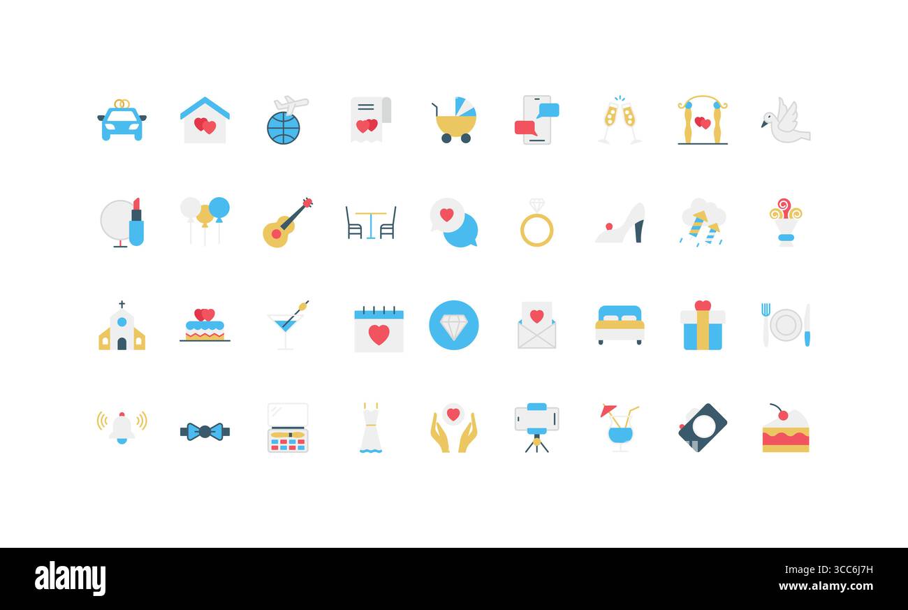 Icônes plates minimales représentant des éléments de mariage, y compris des bagues, gâteau, cadeaux, cérémonie, amour, et célébration, conçu pour les thèmes romantiques modernes illustration vectorielle isolée Illustration de Vecteur