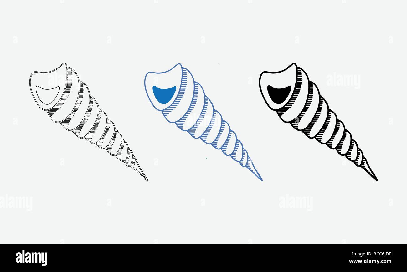 Coquilles d'escargots Turritella stylisées : contours, remplissage bleu et motifs gras noir Illustration de Vecteur