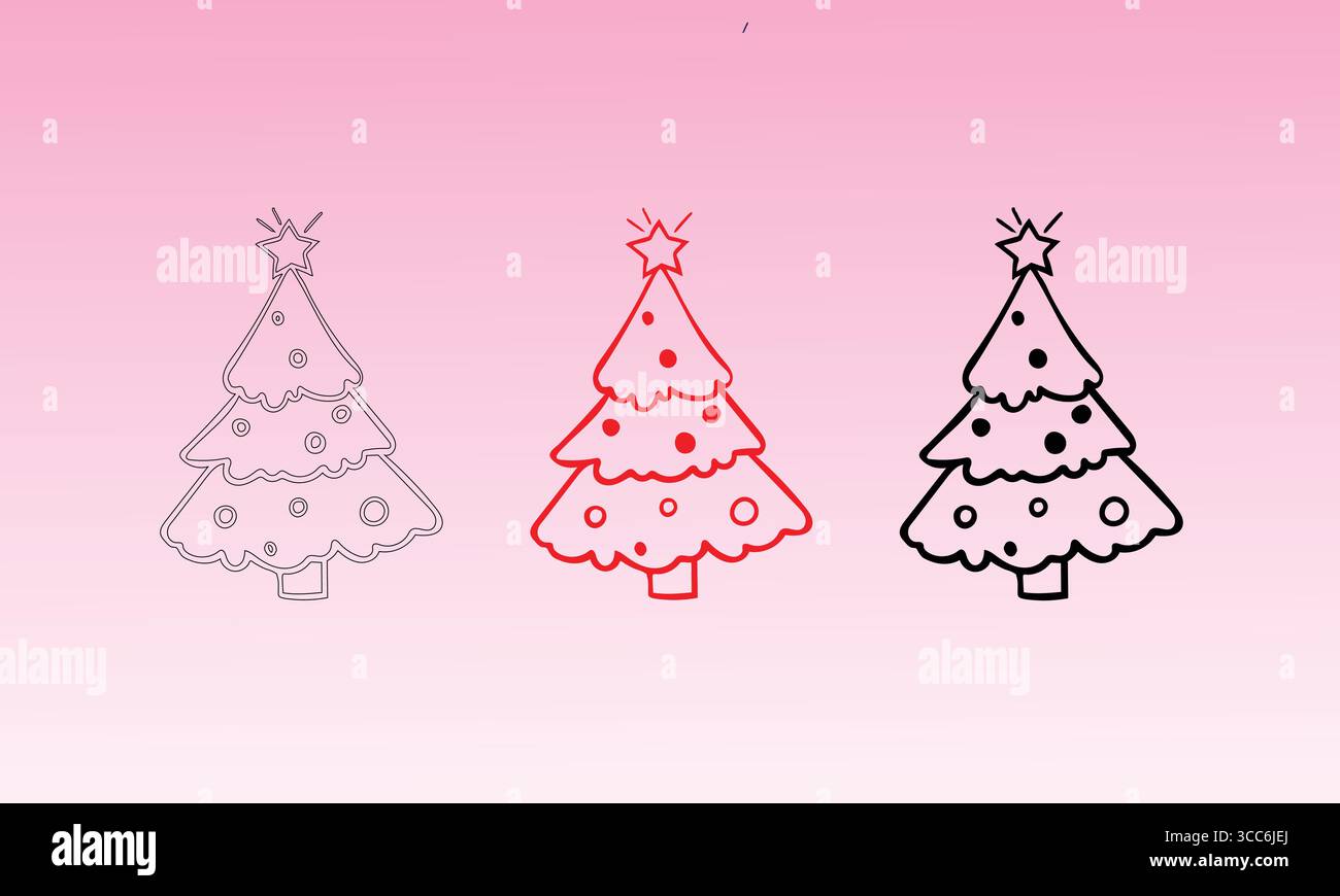 Variations d'arbre de Noël dessinées à la main avec des toppers d'étoile : contour, motifs rouge et noir Illustration de Vecteur
