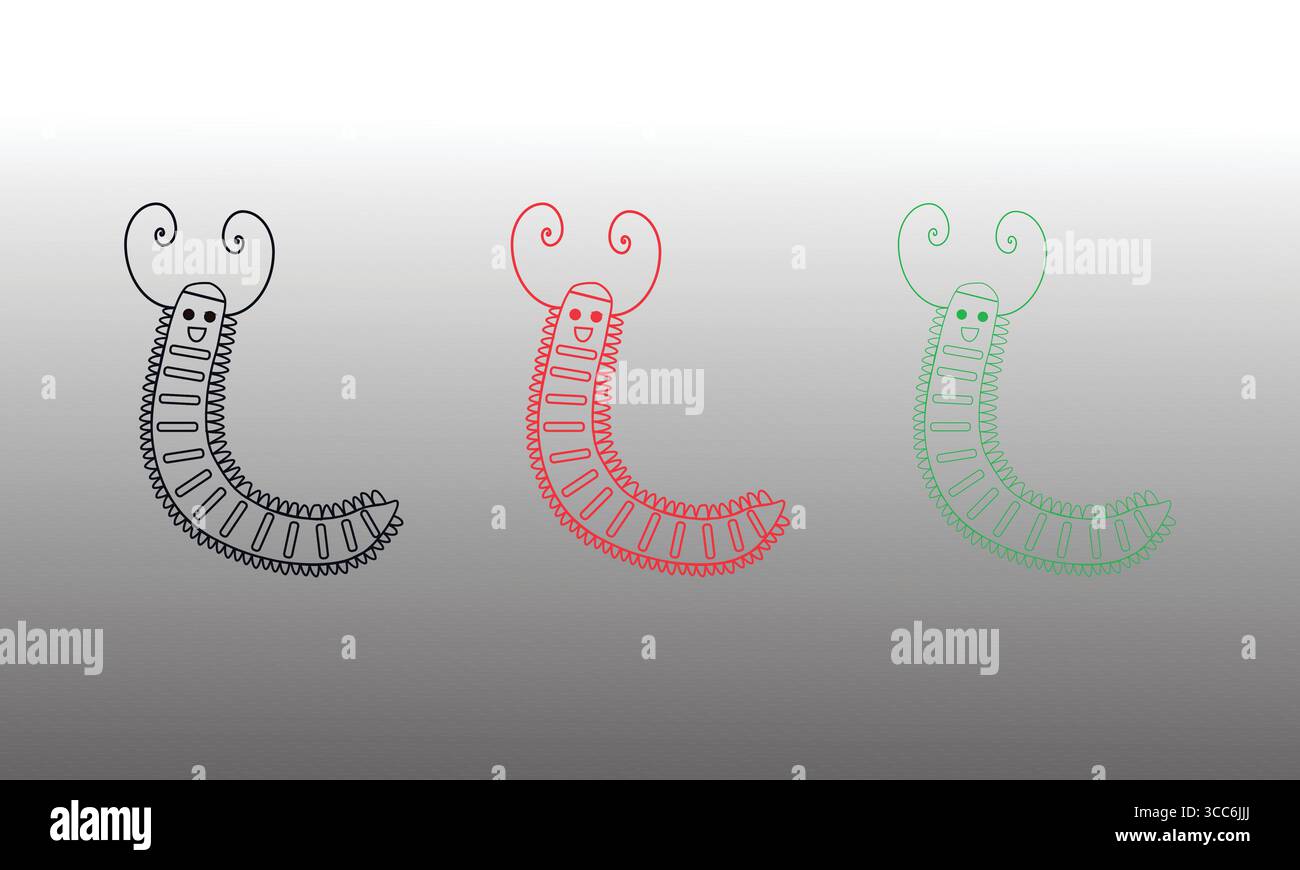 Jolies illustrations Caterpillar : dessins dessinés à la main avec des variations de couleur contour, rouge et vert Illustration de Vecteur