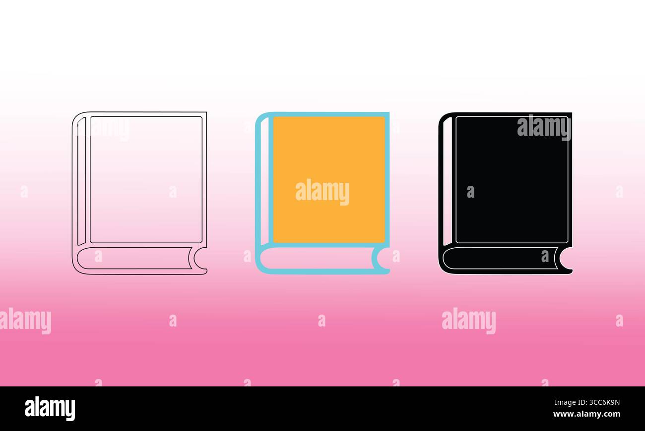Icônes de livre simple en contour, noir et orange avec styles de contour cyan sur fond dégradé rose pâle Illustration de Vecteur